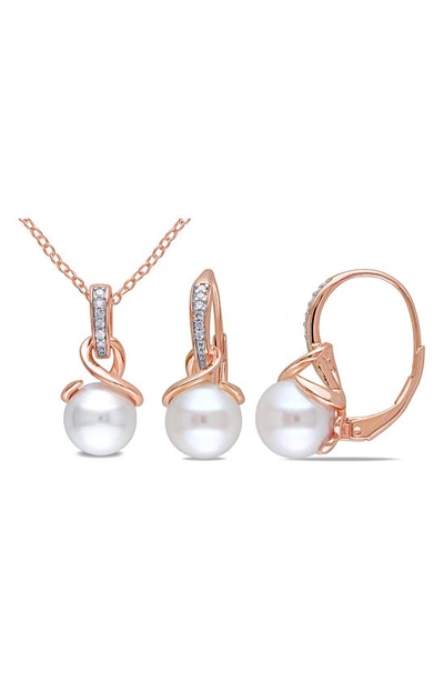 Delmar Diamond & Cultured Freshwater Pearl Pendant Necklace & Drop Earrings Set In White