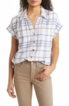 Caslon Short Sleeve Linen Blend Camp Shirt In White- Blue Olivia Plaid