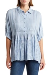 Liv Los Angeles Mixed Media Eyelet Button-up Blouse In Denim