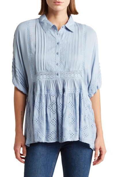 Liv Los Angeles Mixed Media Eyelet Button-up Blouse In Denim