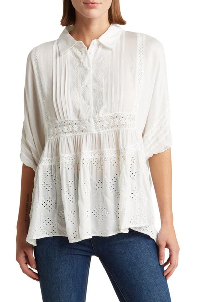 Liv Los Angeles Mixed Media Eyelet Button-up Blouse In White