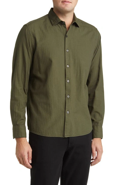 Robert Barakett Nye Herringbone Stripe Cotton Button-up Shirt In Olive
