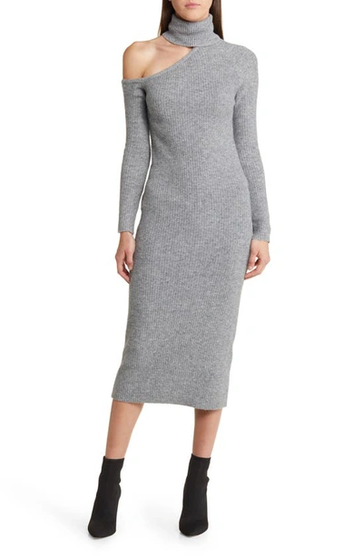 Floret Studios Asymmetric Turtleneck Long Sleeve Rib Sweater Dress In Charcoal