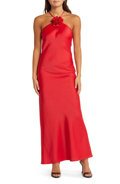 Wayf The Adele Rosette Satin Gown In Red