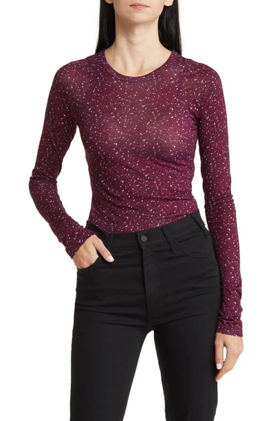 Rag & Bone Shaw Houndstooth Long Sleeve Cotton Top In Burgundy Multi