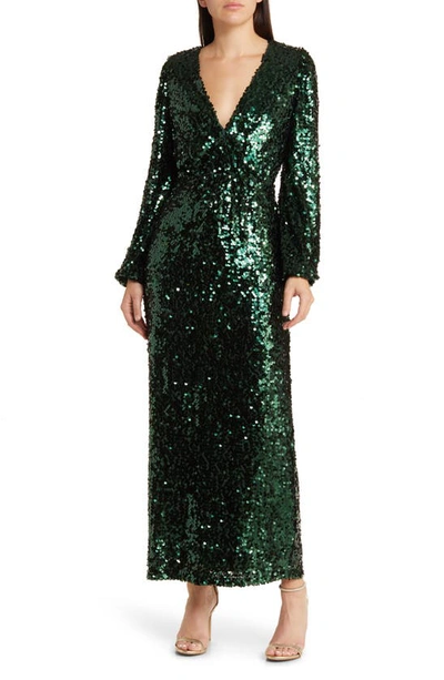 Wayf The Carrie Long Sleeve Sequin Cocktail Dress In Hunter Sequin