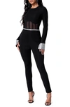 Bebe Rhinestone Mesh Jumpsuit In Black/ Silver