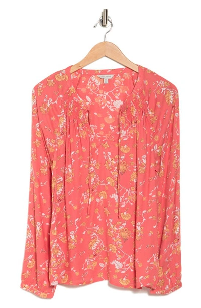 Lucky Brand Floral Print Notch Neck Long Sleeve Blouse In Coral Multi