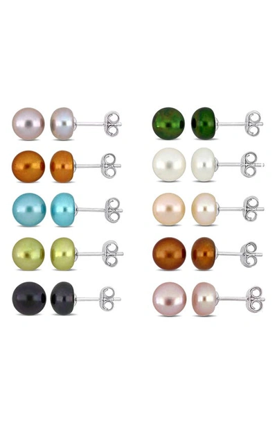 Delmar Set Of 10 Cultured Freshwater Pearl Stud Earrings In Multicolor