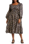 Leota Fleur Floral Print Long Sleeve Stretch Organic Cotton Midi Dress In Scattered Cheetah Black