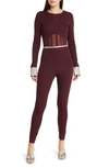 Bebe Rhinestone Mesh Jumpsuit In Black Cherry
