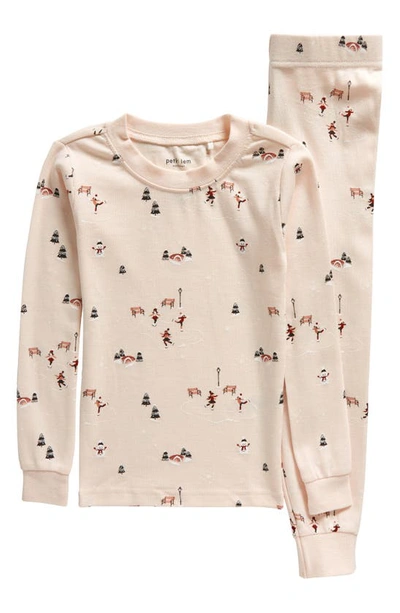 Petit Lem Kids' Ice Skater Print Fitted Cotton Two-piece Pyjamas In Pink Light