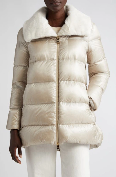 Herno Down Puffer Jacket With Faux Fur Trim In Beige