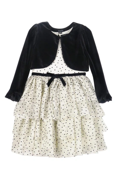 Zunie Kids' Swiss Dot Lace Overlay Party Dress & Velvet Bolero Set In Ivory/black