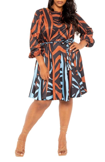 Buxom Couture Contrast Print Belted Long Sleeve Minidress In Brown Multi
