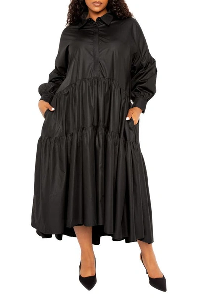 Buxom Couture Long Sleeve Tiered Cotton Blend Shirtdress In Black