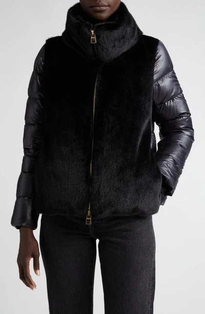 Herno Mixed Media Faux Fur Down Jacket In Black