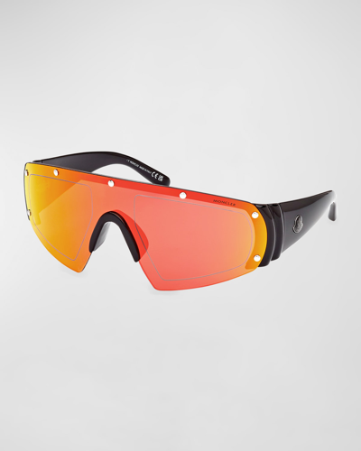 Moncler Men's Cycliste Plastic Shield Sunglasses In Black Red Mirror