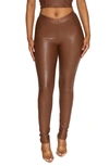 N By Naked Wardrobe Drip V High Waist Faux Leather Leggings In Brown