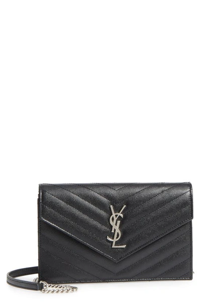 Saint Laurent Monogramme Calfskin Leather Wallet On A Chain In Black