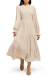 August Sky Smocked Long Sleeve Tiered Dress In Champagne