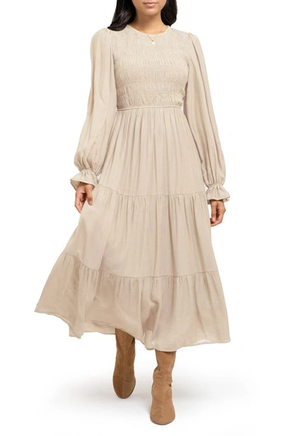 August Sky Smocked Long Sleeve Tiered Dress In Champagne