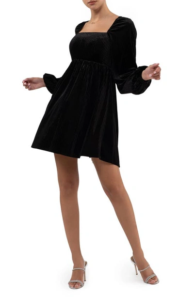 August Sky Long Sleeve Velvet Babydoll Minidress In Black