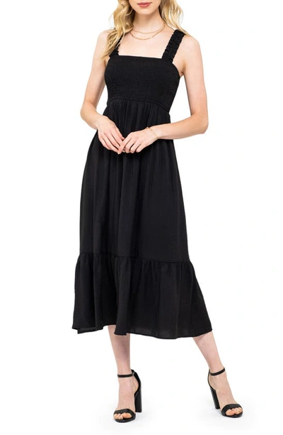 August Sky Smocked Empire Waist Midi Dress In Black