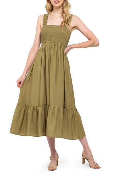 sachin and babi light blue dress August Sky Smocked Empire Waist Midi Dress In Olive