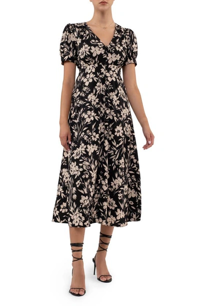 August Sky Floral V-neck Midi Dress In Black Multi