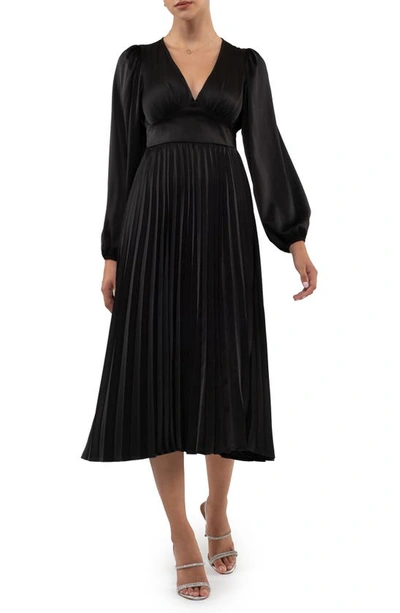 August Sky Empire Waist Pleated Satin Midi Dress In Black