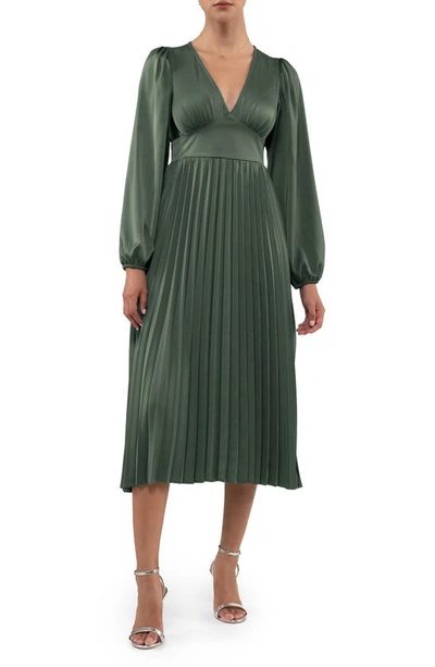 August Sky Empire Waist Pleated Satin Midi Dress In Dark Green