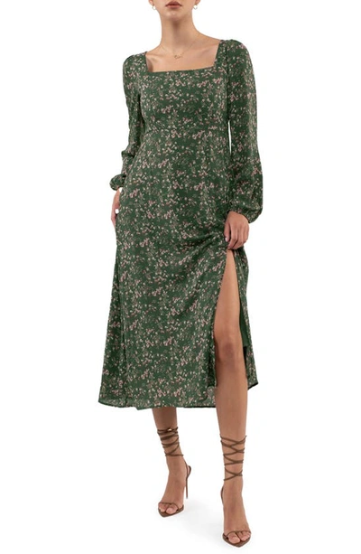 August Sky Floral Long Sleeve Midi Dress In Hunter Green Multi