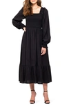 August Sky Smocked Long Sleeve Maxi Dress In Black