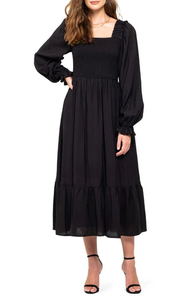 August Sky Smocked Long Sleeve Maxi Dress In Black