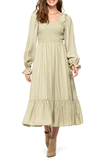 August Sky Smocked Long Sleeve Maxi Dress In Light Olive