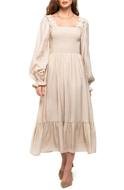August Sky Smocked Long Sleeve Maxi Dress In Khaki