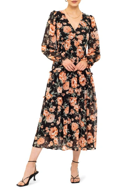 August Sky Floral Long Sleeve Empire Waist Midi Dress In Black Multi
