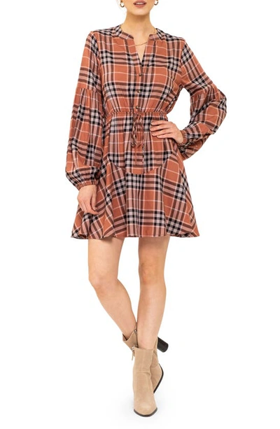 August Sky Plaid Long Sleeve Dress In Brown Multi