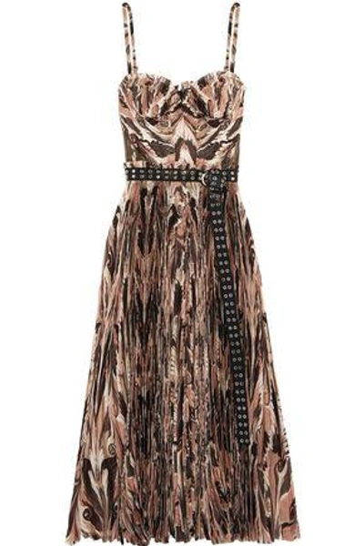 Alexander Mcqueen Belted Printed Plissé Silk Crepe De Chine Midi Dress In Taupe
