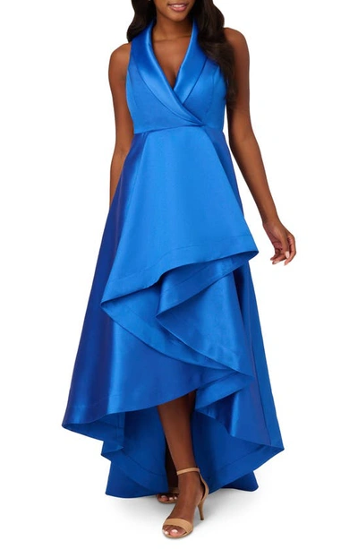 Adrianna Papell Tuxedo High-low Satin Gown In Ultra Blue