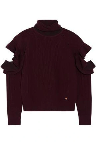 Versace Woman Cutout Ribbed Wool-blend Turtleneck Sweater Merlot