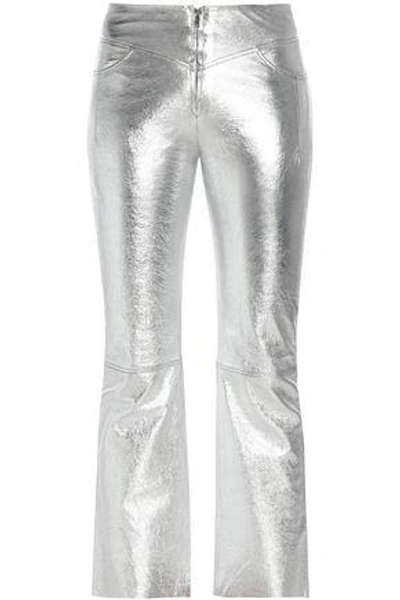 Sandro Iggy Cropped Metallic Textured-leather Bootcut Trousers In Silver