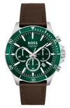 Hugo Boss Troper Chronograph Leather Strap Watch, 45mm In Green/brown