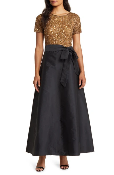 Pisarro Nights Beaded Bodice Mixed Media Gown In Gold