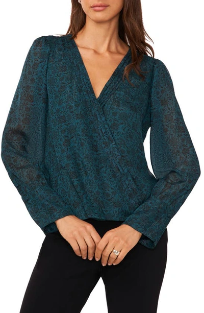Halogen Floral Pintuck Pleated Wrap Front Blouse In June Bug Green