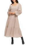 August Sky Smocked Long Sleeve Tiered Dress In Light Taupe