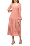 August Sky Smocked Long Sleeve Tiered Dress In Rose