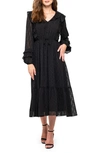 August Sky Long Sleeve Clip Dot Chiffon Midi Dress In Black