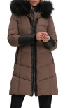 Noize Priya Water Resistant Mixed Media Parka With Faux Fur Trim In Mocha
